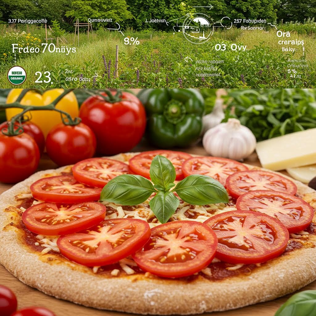 잘 익은 토마토로 만든 신선한 피자와 원재료 채소들