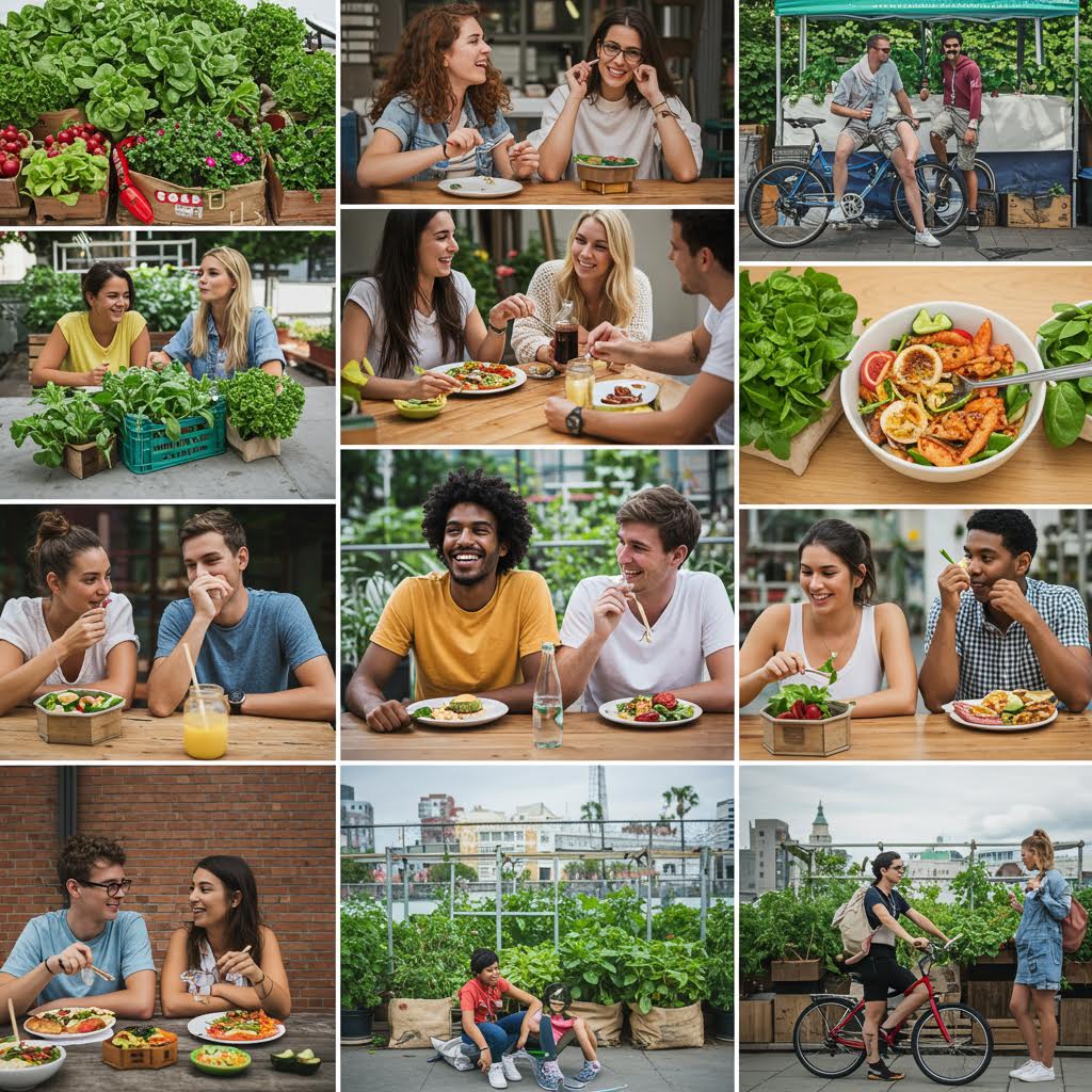 도시의 옥상 정원과 식탁에서 사람들과 유기농 채소가 어우러지며 건강한 라이프스타일을 보여주는 장면