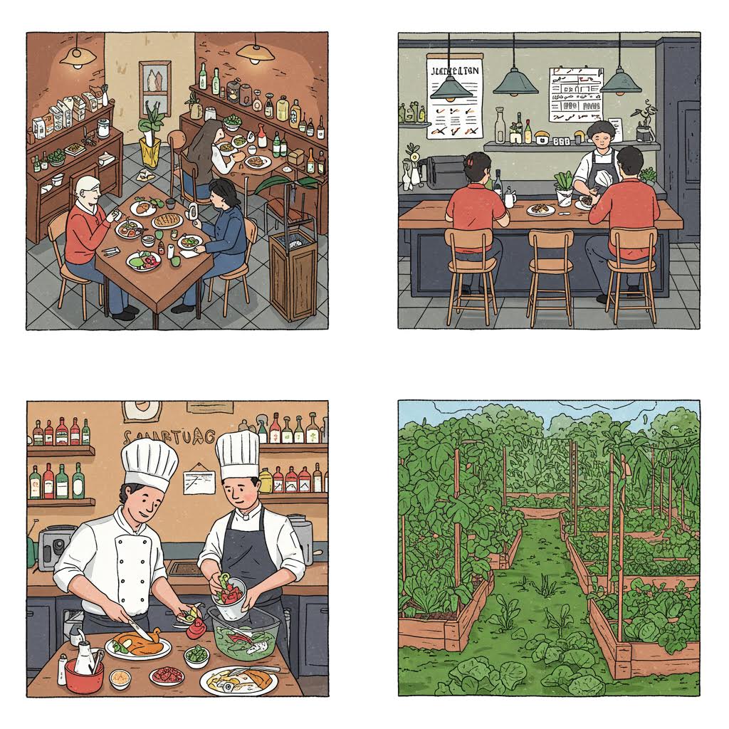 식당과 주방, 채소밭 풍경이 나란히 배치되어 외식문화와 지속가능성이 연결되는 흐름의 모습