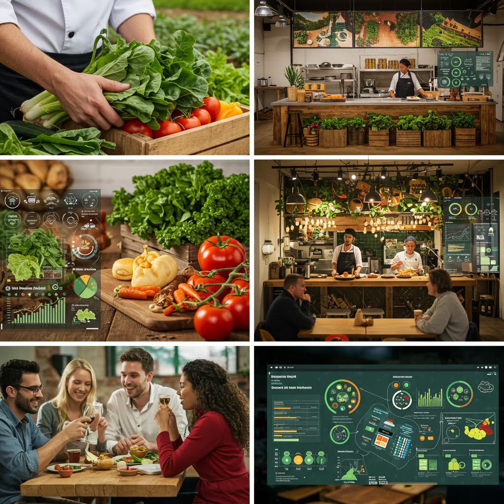 레스토랑과 농산물 진열대, 소비자 테이블이 연결된 장면으로 지속 가능한 식품 신뢰망의 구조를 표현한 구도