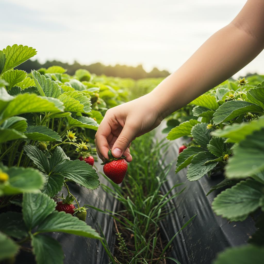 손이 딸기를 수확하는 장면으로부터 블록체인 연결망이 이어지며 유기농 식자재의 신뢰를 시각화한 이미지