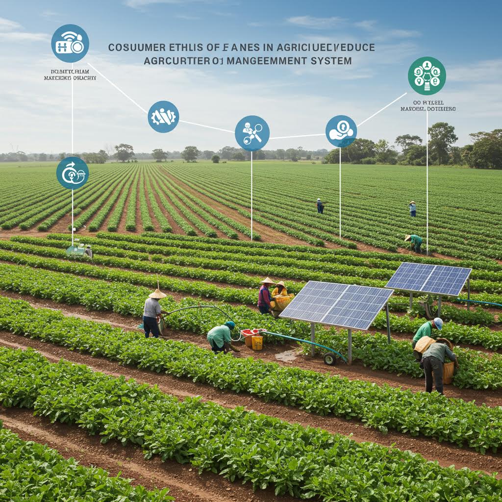 태양광 패널과 작물 재배 구역이 결합된 친환경 농장의 전경으로 지속 가능한 농업 관리 체계를 표현한 장면