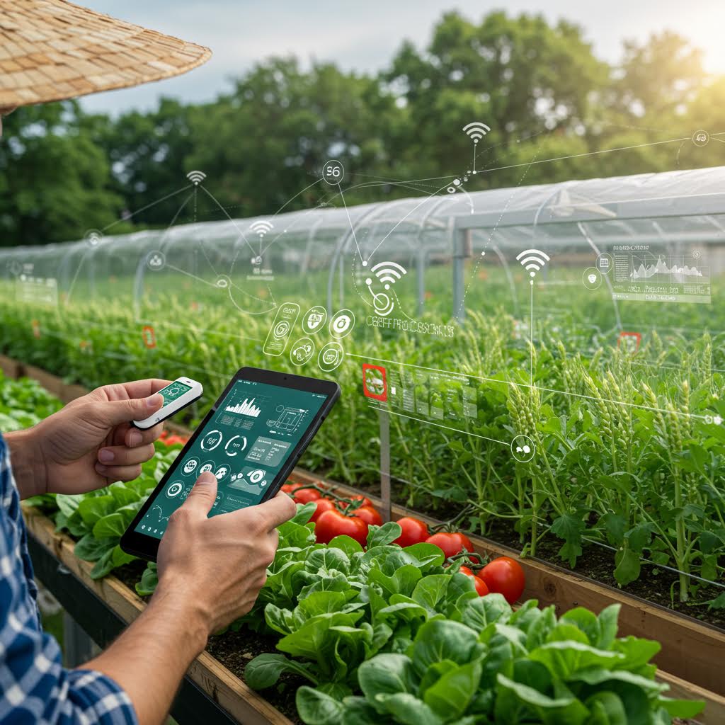 스마트 농업 장비로 작물의 생육 상태를 분석하는 손과 태블릿 화면이 함께 보이며 데이터 기반 농업 관리의 현장