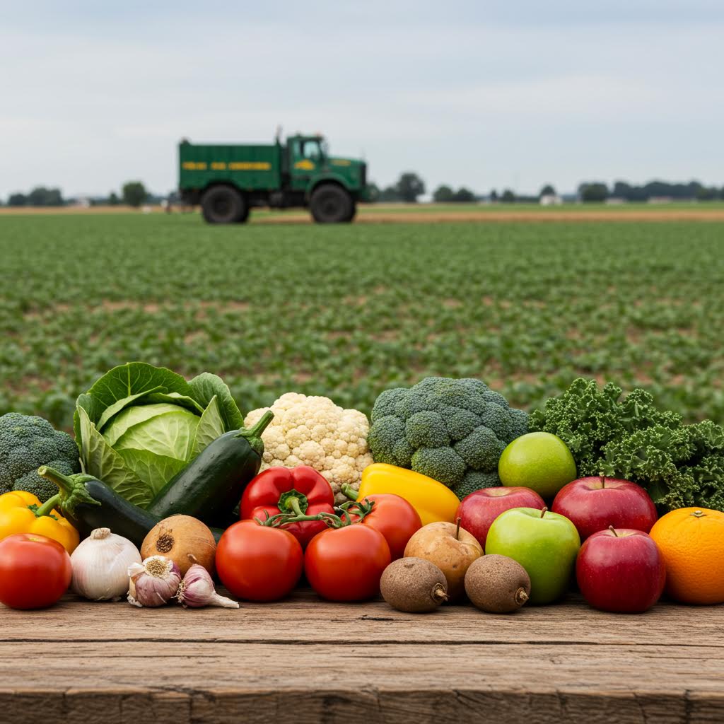 다양한 채소와 과일이 농장 앞에 진열되어 있고 멀리 트랙터가 지나가는 장면으로 신뢰할 수 있는 식품 생산의 시작점을 보여주는 구도