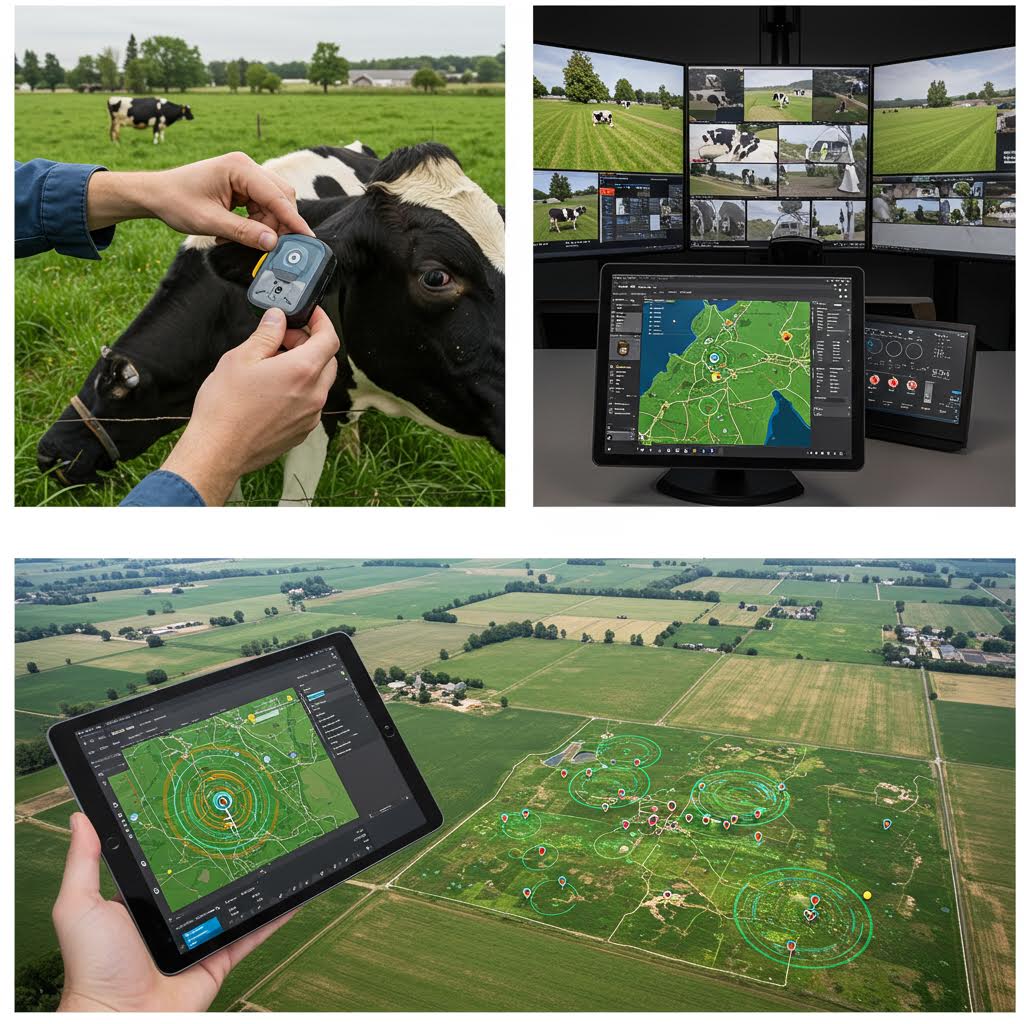 소의 위치와 상태가 모니터에 표시되고 태블릿과 센서로 연결된 디지털 추적 시스템이 작동하는 농장의 풍경