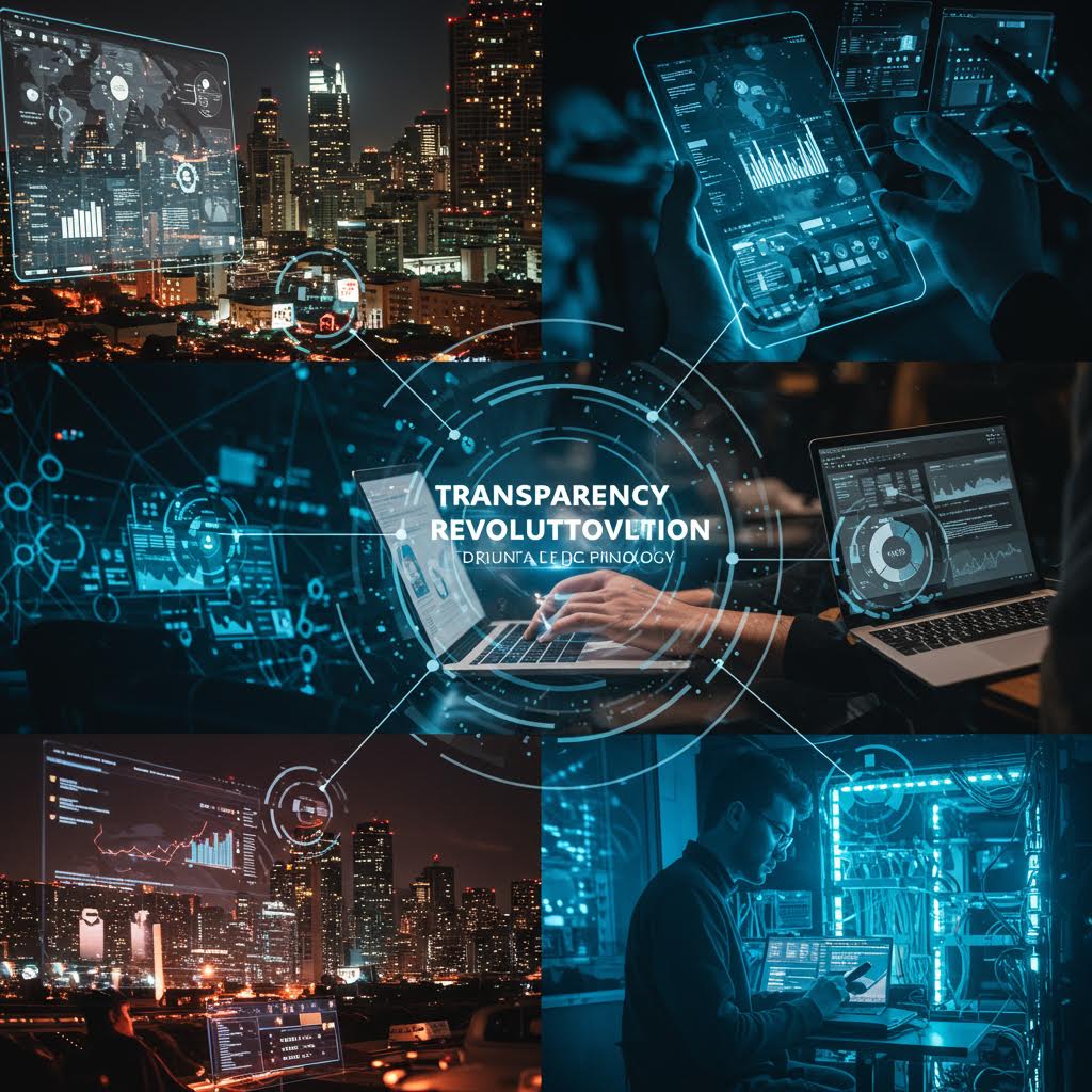 도시의 디지털 네트워크와 데이터 인터페이스가 겹쳐 보이며 식품 유통의 투명성을 상징하는 기술적 구도