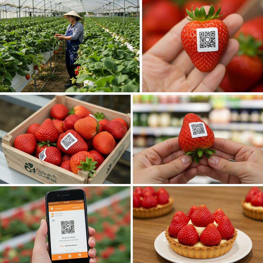 농장에서 딴 딸기에 QR코드를 스캔하는 손이 클로즈업된 장면으로 생산부터 식탁까지 이어지는 추적 시스템을 상징