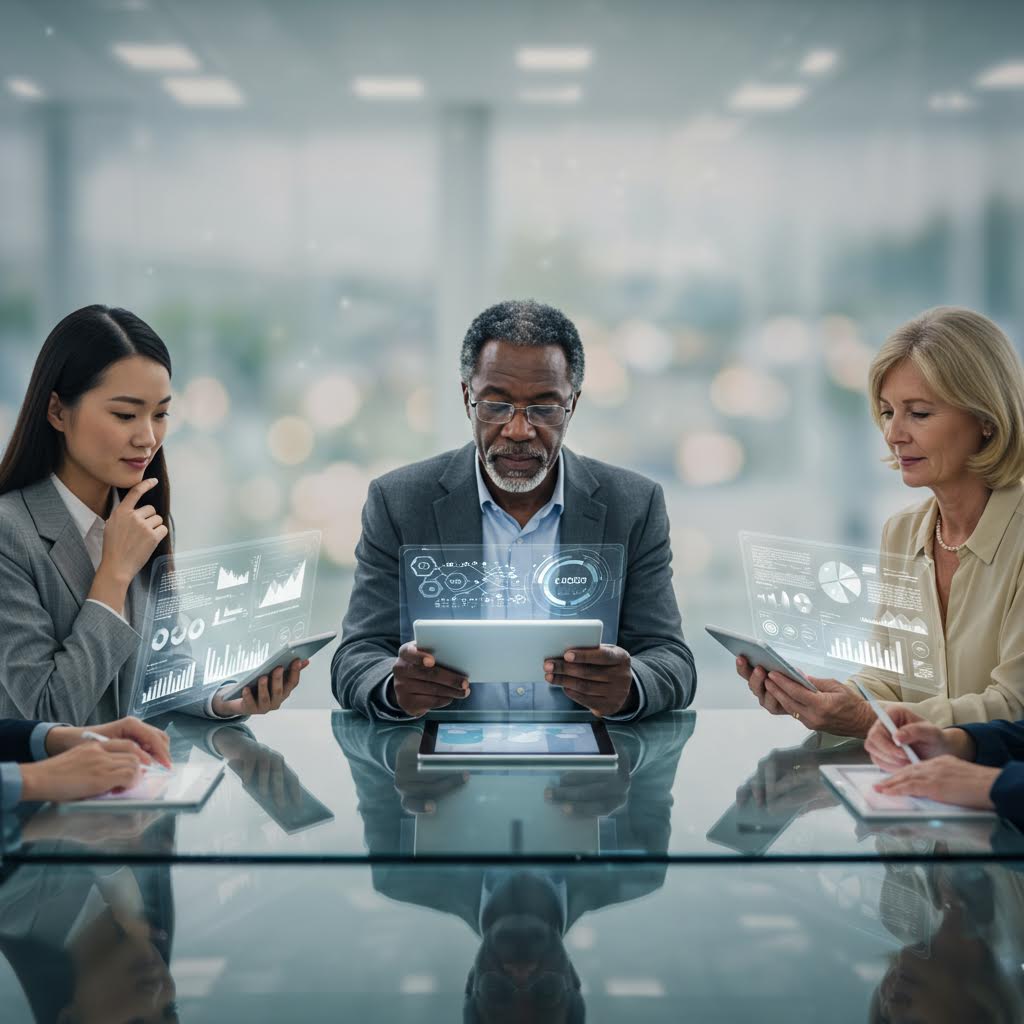 회의실에서 세 명의 인물이 투명한 데이터 패널을 보며 정보를 공유하는 모습으로 식품 산업의 투명성을 상징하는 장면