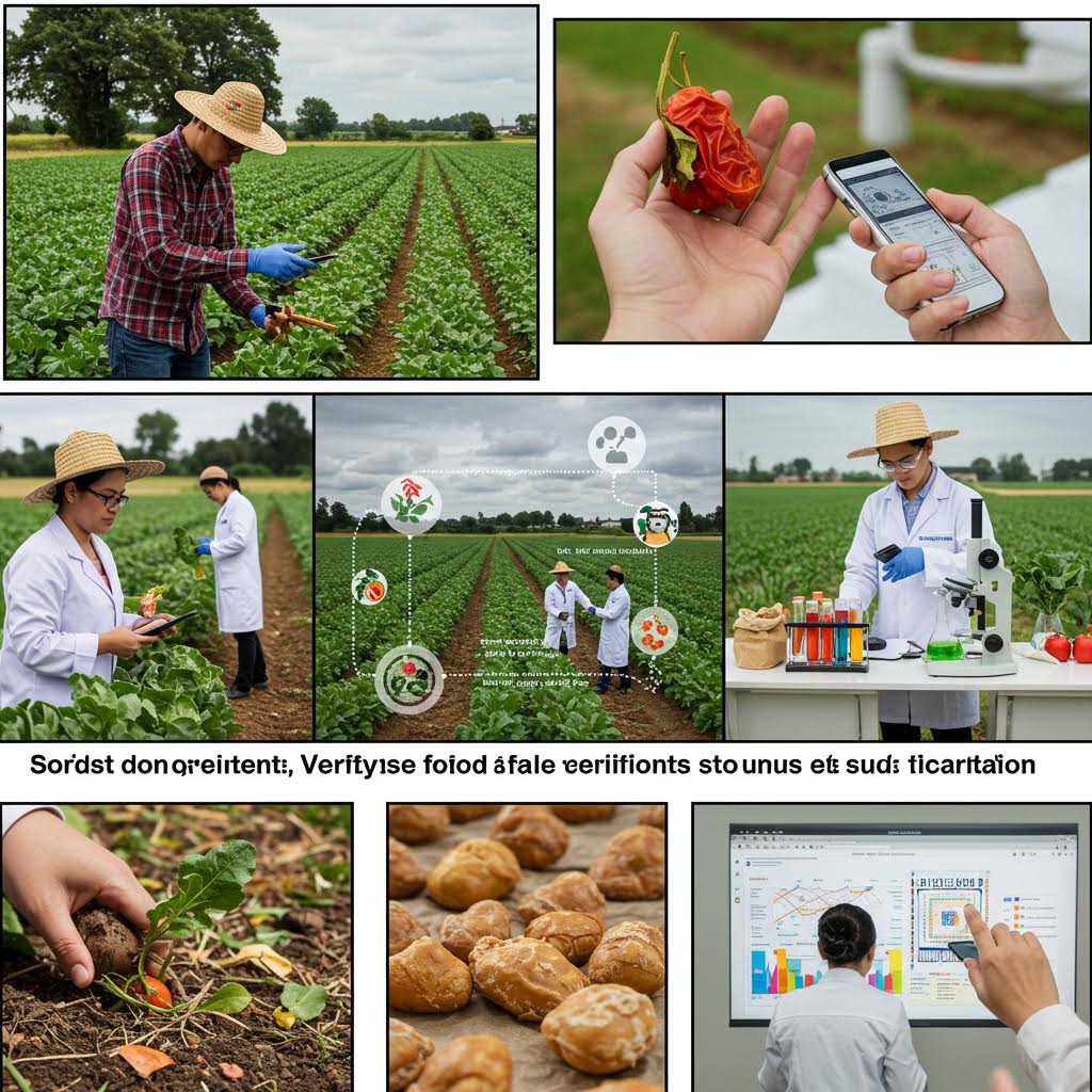 연구원이 작물 상태를 측정하고 농부가 기기에 기록하며 현장에서 데이터를 수집하는 검증 과정의 풍경
