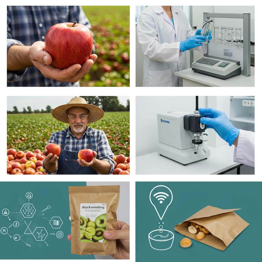 농부가 사과를 관찰하고 실험실에서 품질 검사를 수행하는 장면으로 AI 기반 식자재 판별 기술의 현장