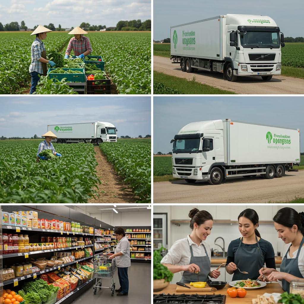 트럭과 농장, 시장이 연결된 유통 현장에서 식품의 생산과 검증이 이어지는 공급망의 흐름을 나타낸 이미지
