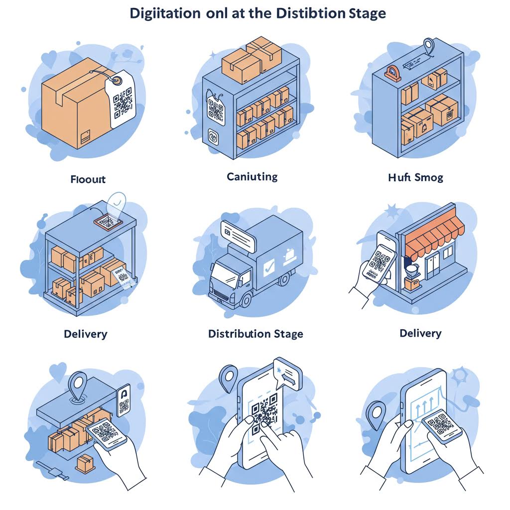박스 포장과 배송 단계를 아이콘으로 도식화하여 유통 검증 과정의 디지털 전환을 보여주는 일러스트 구성