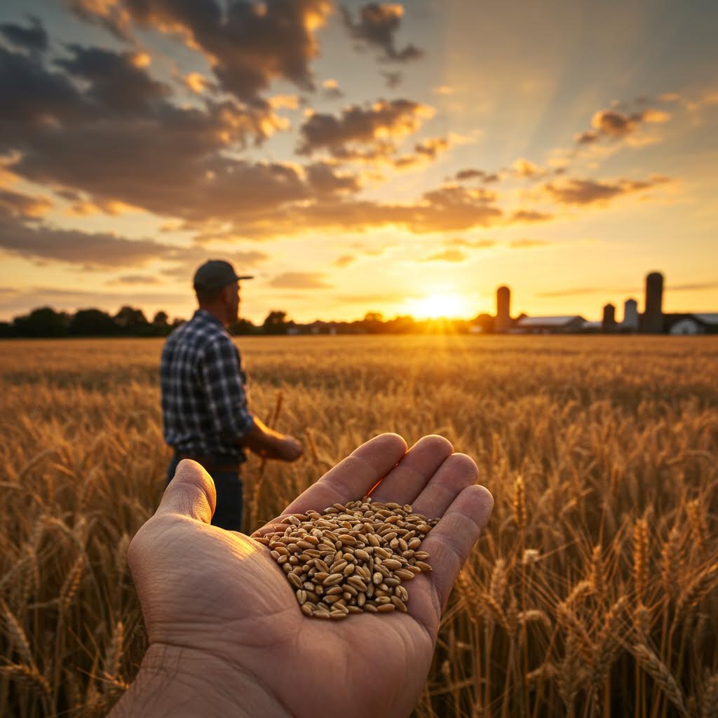 해질녘 들판에서 손에 쥔 곡식 씨앗을 비추는 햇살이 농부의 신뢰와 생산의 근원을 상징하는 순간