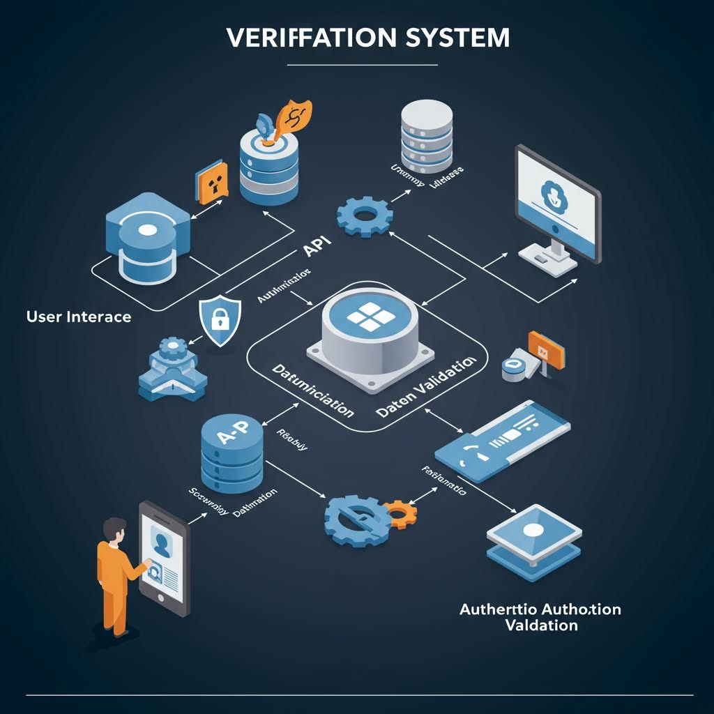 여러 요소가 선으로 연결된 구조 속에서 인증과 확인 절차를 설명하는 시스템 구성도 형태의 화면
