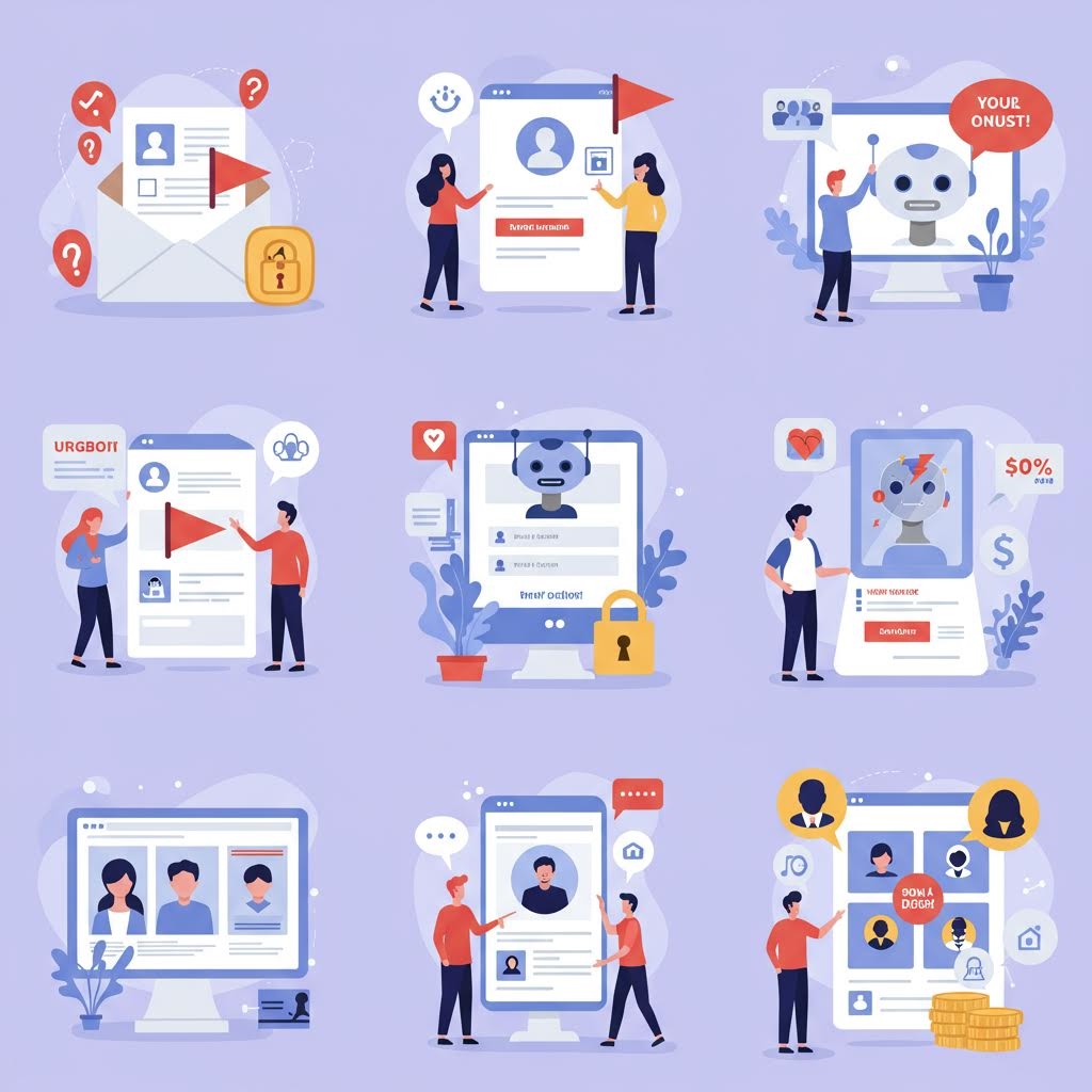 격자 배열의 9개 일러스트레이션. 문의 메일, 회원가입 양식, 로봇(AI)을 통한 정직성 확인, 그리고 프로필 검증 장면 등이 담겨 있습니다. 이는 온라인 환경에서 가짜 계정이나 사기 계정에 대응하기 위한 등록 절차, 검증, 그리고 보안 시스템의 작동 방식을 시각적으로 보여줍니다.