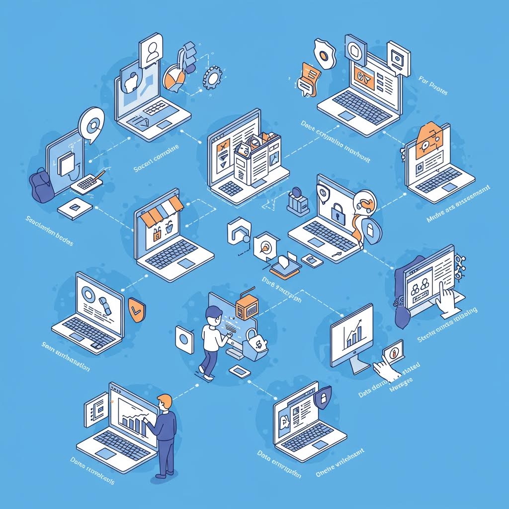 밝은 푸른색 배경에 컴퓨터, 노트북, 서버 등 수많은 장치들이 연결된 복잡한 아이소메트릭 네트워크 다이어그램. 사용자들이 데이터 암호화, 보안 설정, 온라인 쇼핑, 데이터 분석 등 다양한 디지털 활동을 하고 있는 모습이 그려져 있으며, 이는 복잡한 디지털 네트워크 환경에서의 데이터 흐름과 보안 시스템을 시각적으로 보여줍니다.