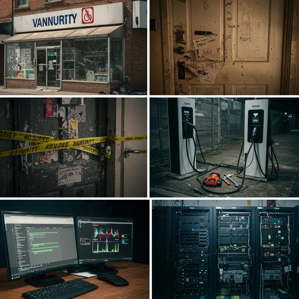 격자 배열의 6분할 사진. 깨진 유리창의 상점, 낙서가 가득한 문, 출입 금지 테이프가 둘러진 문 등 물리적/시스템적 파괴 및 중단 상황을 보여줍니다. 또한 충전소 옆의 공구(복구), 서버 랙, 그리고 복잡한 코드와 그래프를 띄운 모니터가 함께 배치되어, 시스템 실패, 보안 문제, 그리고 그에 대한 IT 인프라 모니터링 및 대응 과정을 시각적으로 나타냅니다.