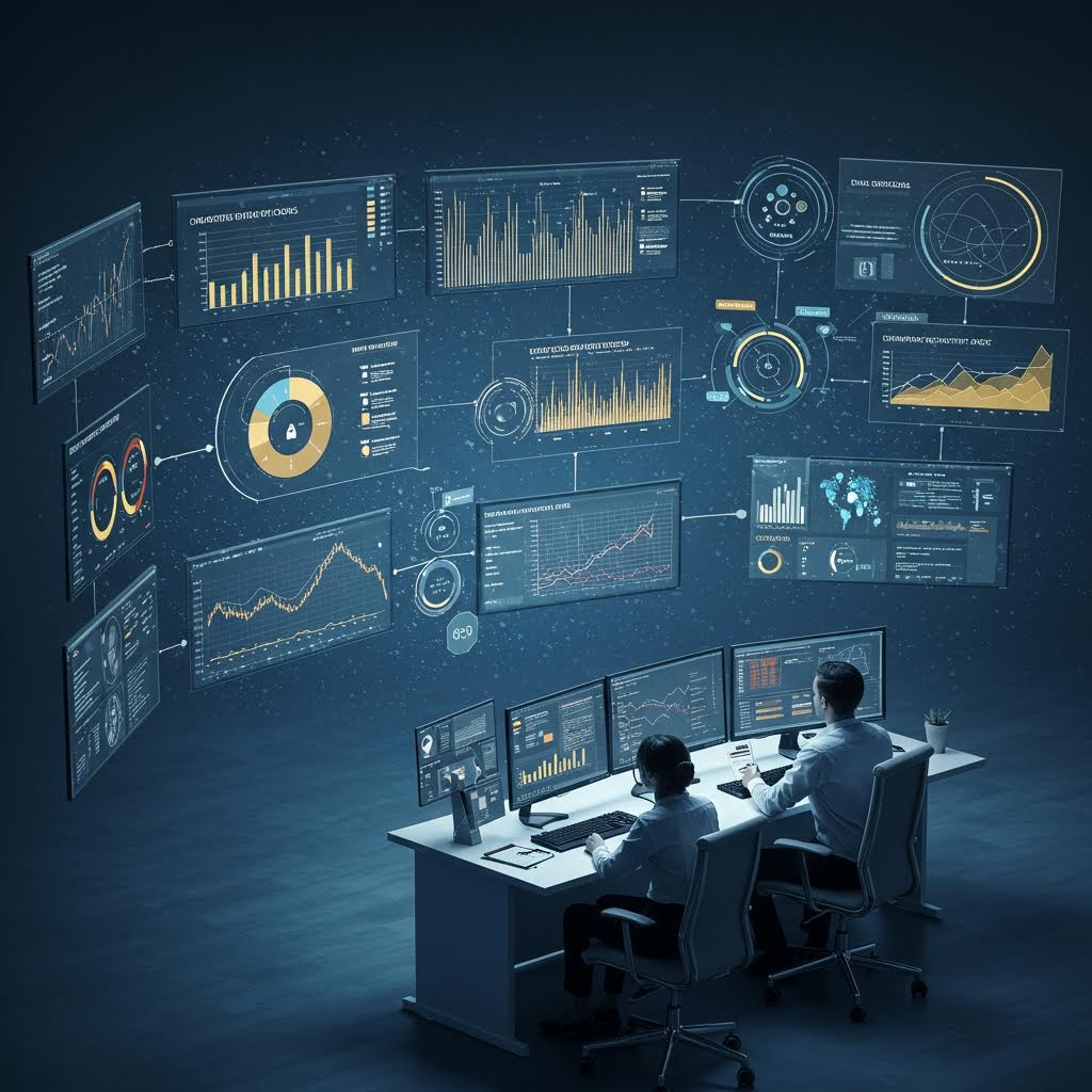 어두운 분석실에서 여러 지표와 그래프 화면을 한꺼번에 살피며 흐름을 파악하는 집중 작업의 모습