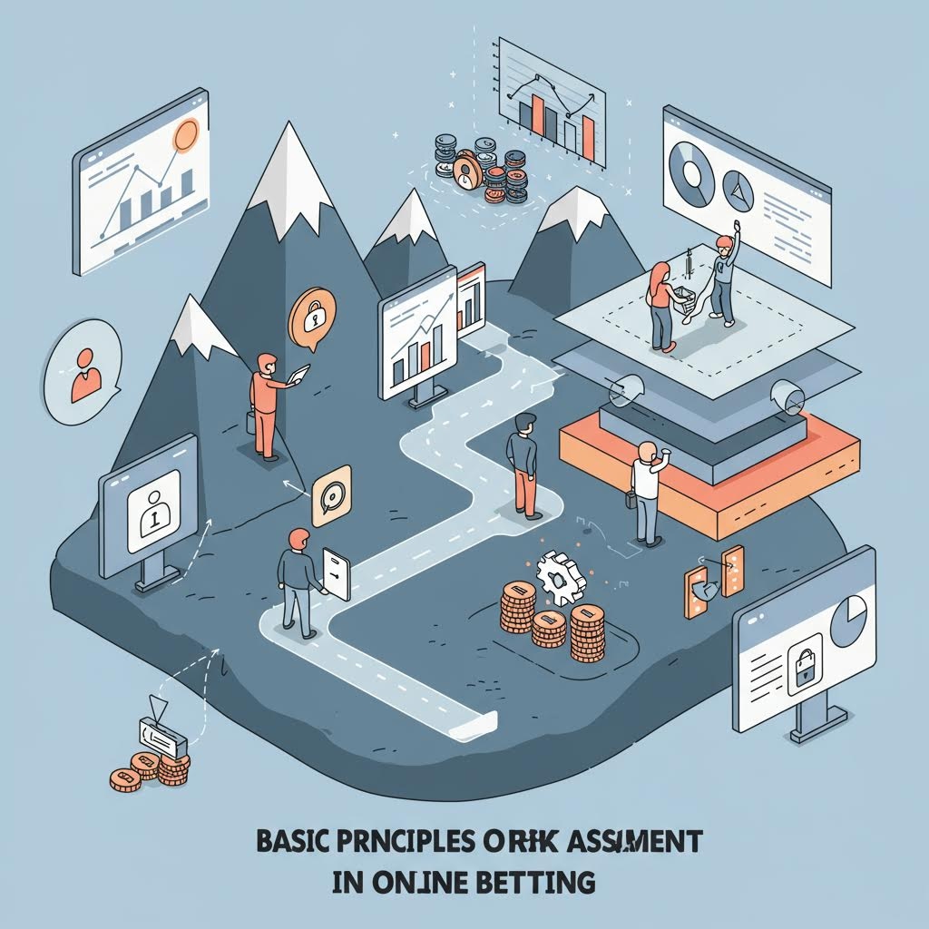 산악 지형을 따라 굽이치는 길을 보여주는 아이소메트릭 일러스트레이션. 작은 인물들이 이 길을 따라 걸으며 차트, 자물쇠, 사용자 프로필, 코인 등 다양한 데이터 지점과 상호작용하고 있습니다. 이는 온라인 베팅 환경에서 베팅 패턴별 위험도 측정 과정과 복잡한 리스크 관리 원칙을 시각적인 여정으로 비유하여 보여줍니다.