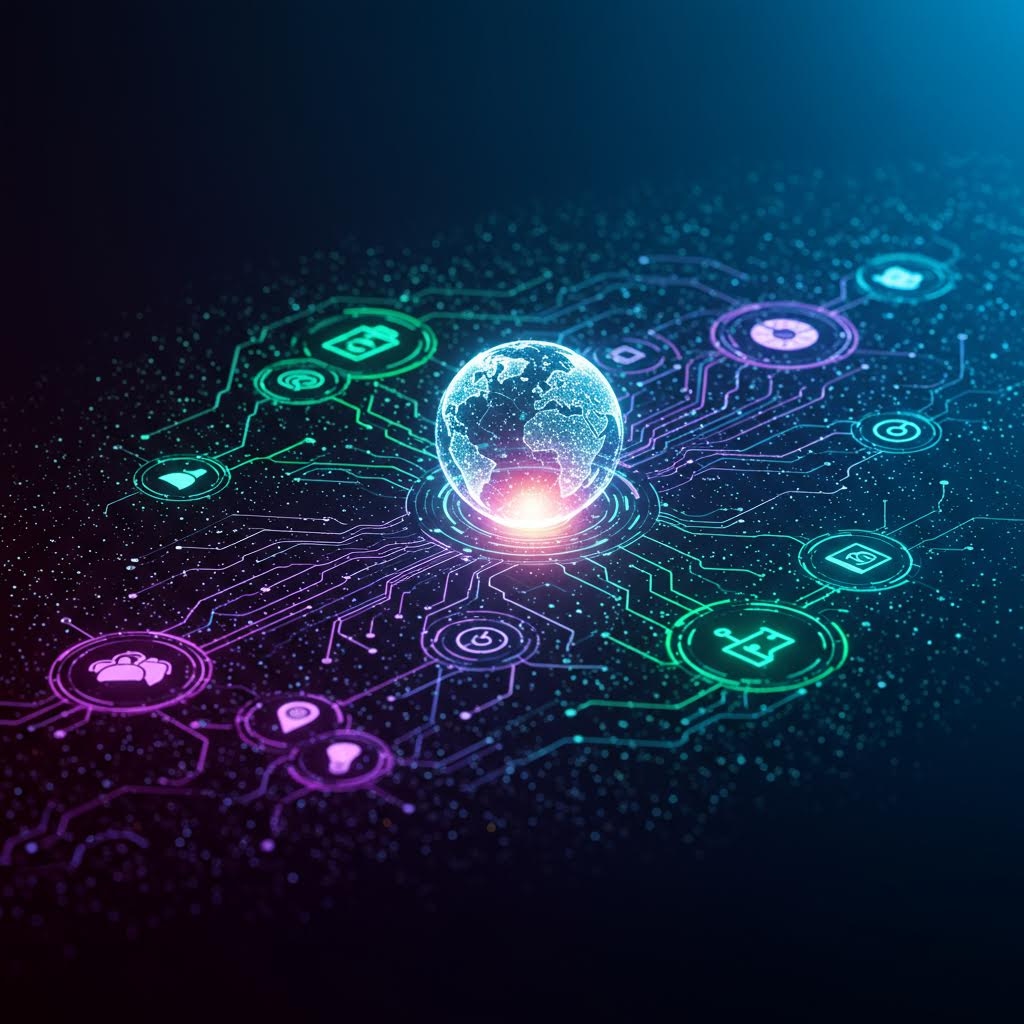 어두운 배경 위에서 지구 형상이 중앙에 떠 있고 여러 아이콘과 선들이 연결된 디지털 네트워크의 흐름