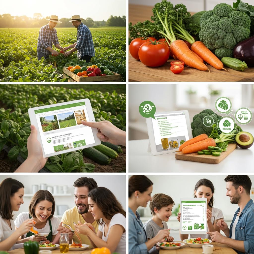 농장에서 수확한 채소가 디지털 정보와 함께 식탁까지 이어지며 건강한 식문화를 보여주는 일련의 장면