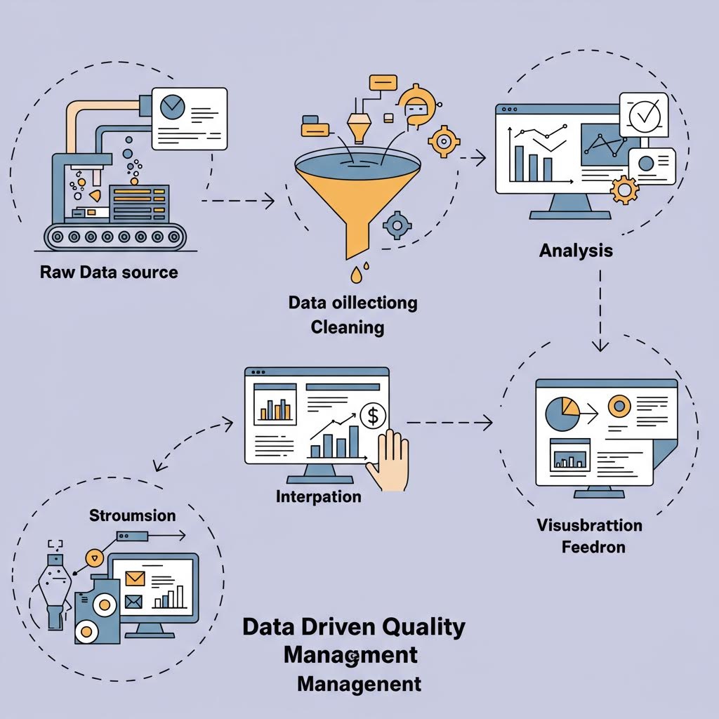 원시 데이터 수집부터 분석과 시각화까지의 절차가 아이콘과 도식으로 연결되어 품질 관리 구조를 한눈에 나타낸 구성