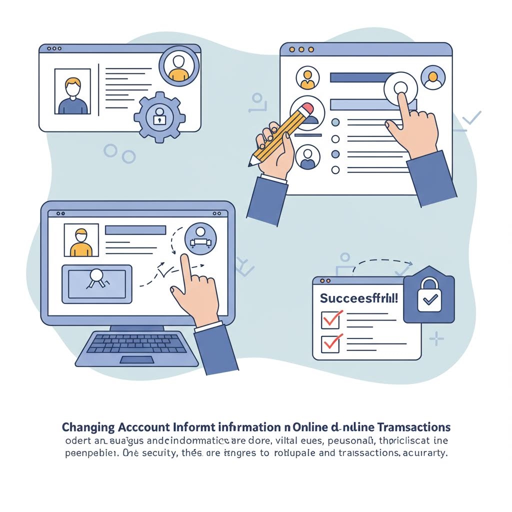 4개의 분할된 일러스트레이션. 온라인 계정에서 사용자 프로필 정보 변경, 수동 양식 작성, 정보 교환 흐름, 그리고 체크박스와 자물쇠로 확인된 성공(Successfull) 화면이 담겨 있습니다. 이는 온라인 거래 과정에서 계정 정보 변경이나 비정상적인 접근 등 의심스러운 패턴과 그에 따른 시스템의 검증 절차를 시각적으로 보여줍니다.