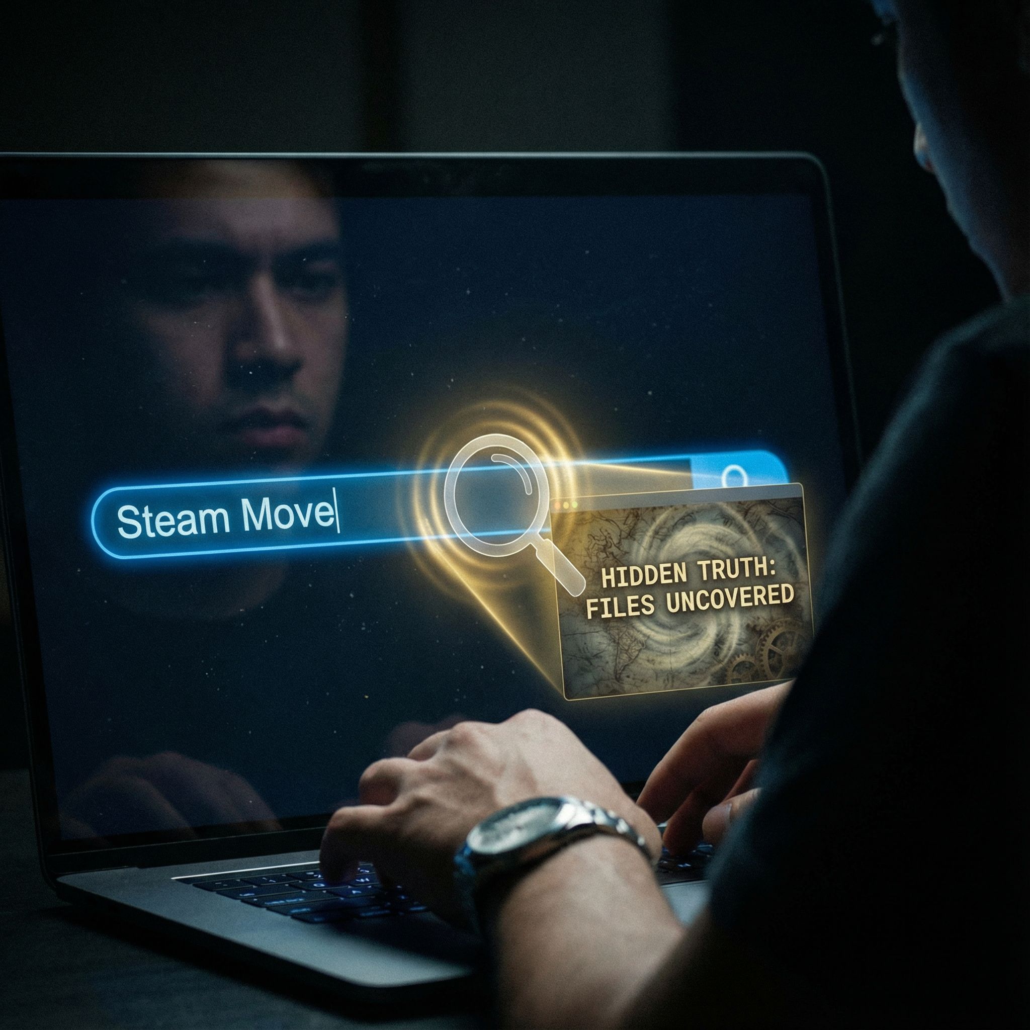 어두운 배경 속 빛나는 화면에 검색창에 Steam Move를 입력하는 손과 돋보기로 진실을 비추는 모습이다