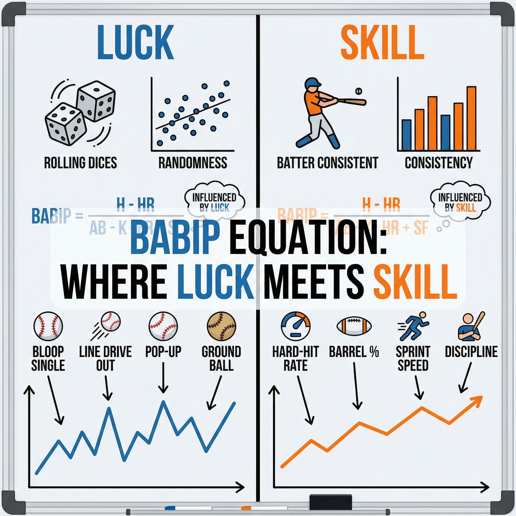 운과 기술을 대비해 BABIP 방정식을 설명하며 주사위와 타격 일관성, 타구 유형과 성과 지표 변화를 그래프와 아이콘으로 정리한 분석 인포그래픽이다