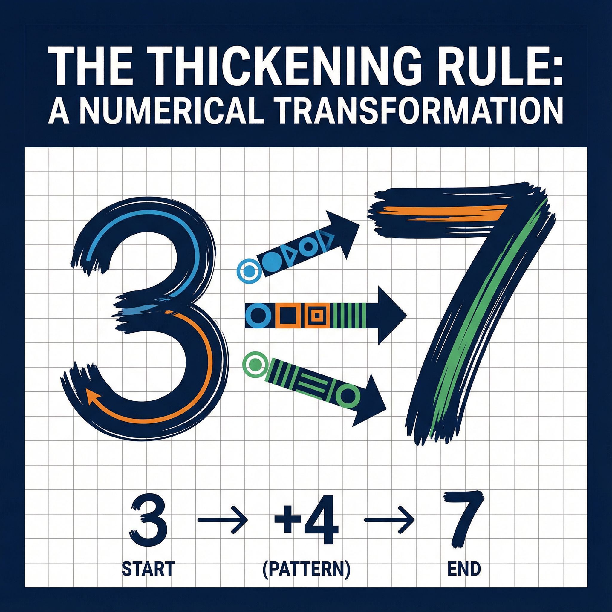 격자 배경 위 굵은 검은 획의 숫자 3과 7, 화살표와 반복 무늬가 규칙적으로 두꺼워짐을 나타낸 모습이다