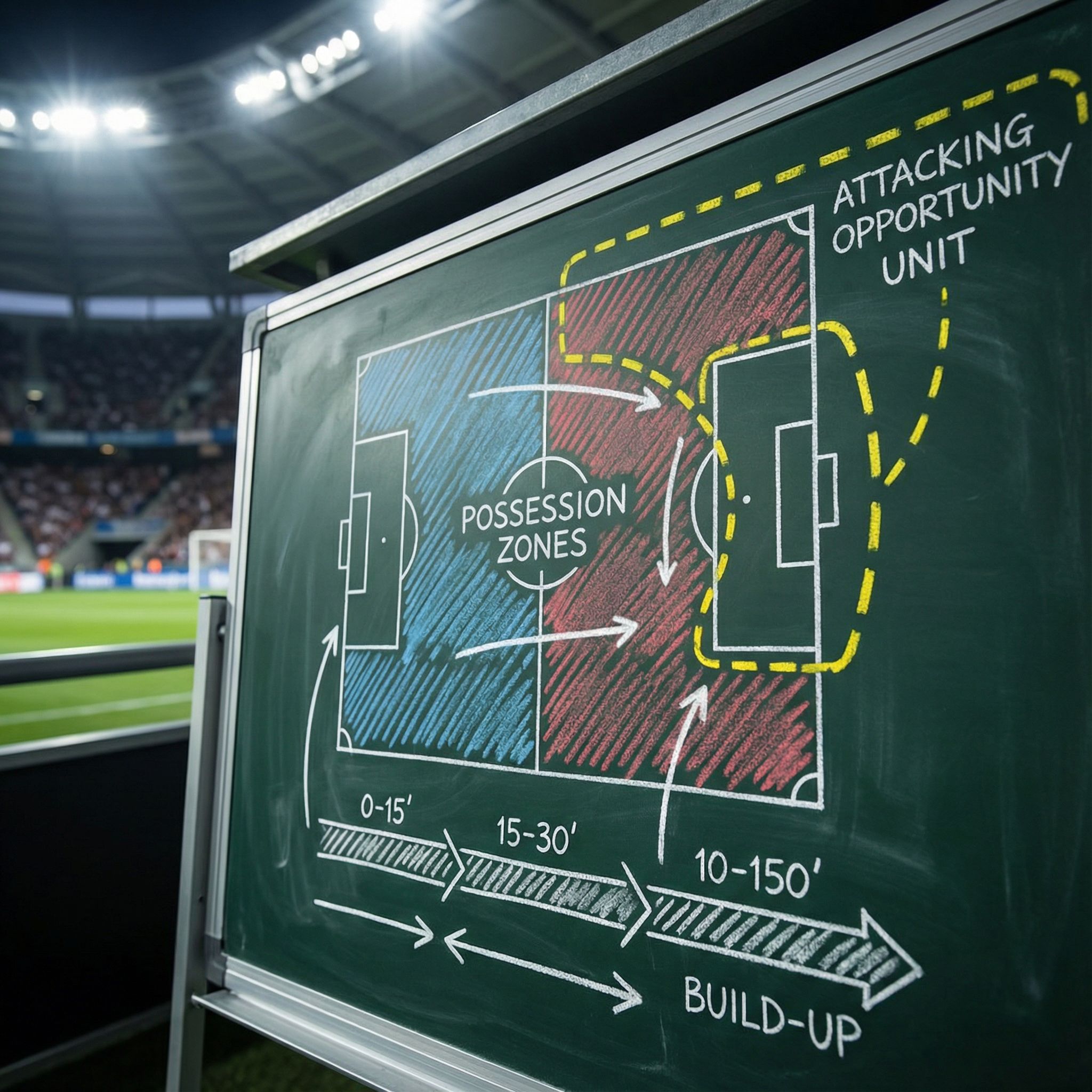 어두운 전술 칠판 위 점유 구역과 공격 기회 경계를 흰 선, 화살표, 분할 타임라인으로 표시한 모습이다