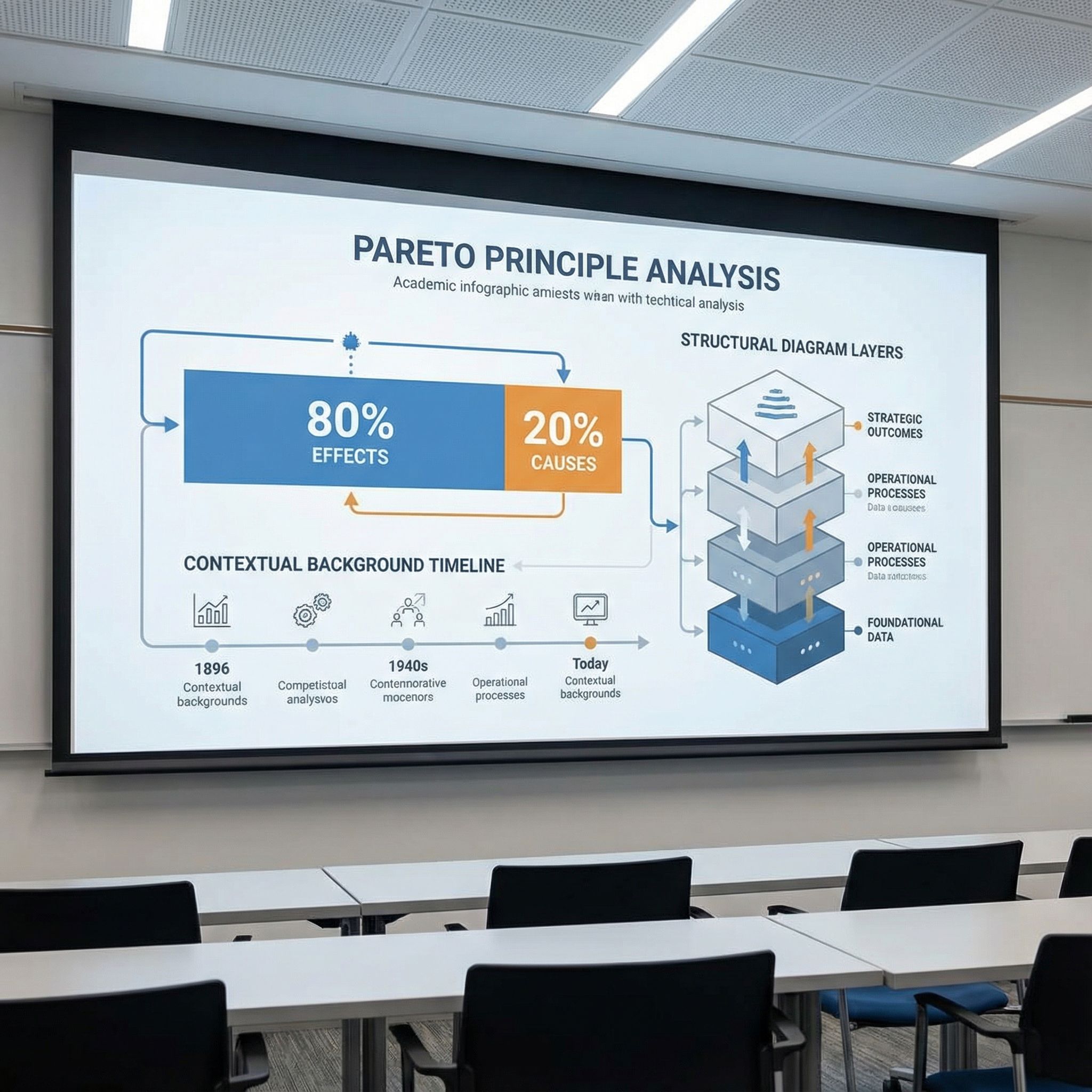 강의실 대형 스크린에 파레토 원칙 분석 인포그래픽이 표시되고 80대20 구조와 데이터 계층 흐름을 시각적으로 정리한 학술 설명 슬라이드이다