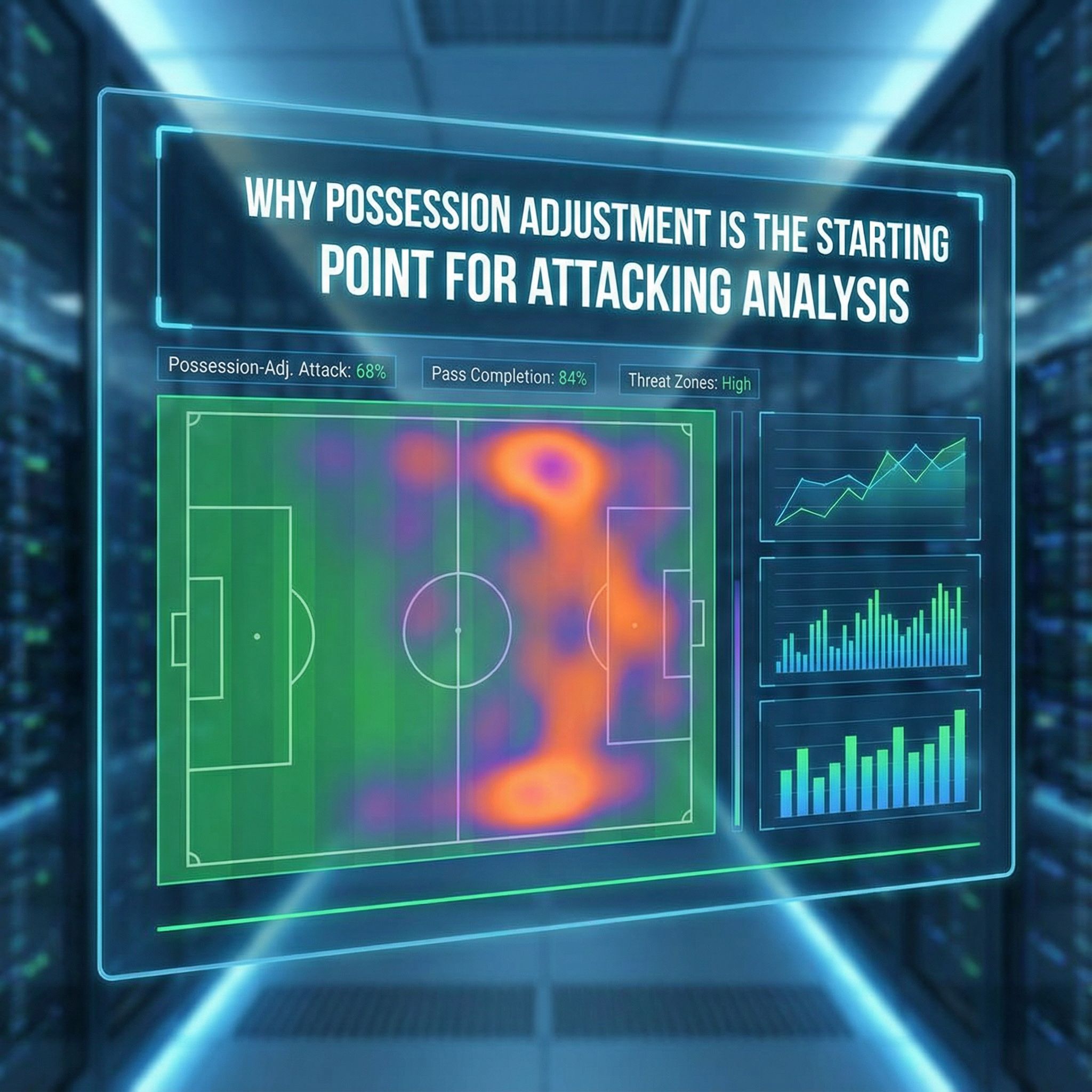 어두운 화면에 축구장 열지도와 지표 차트, 굵은 제목이 있는 미래형 대시보드인 모습이다
