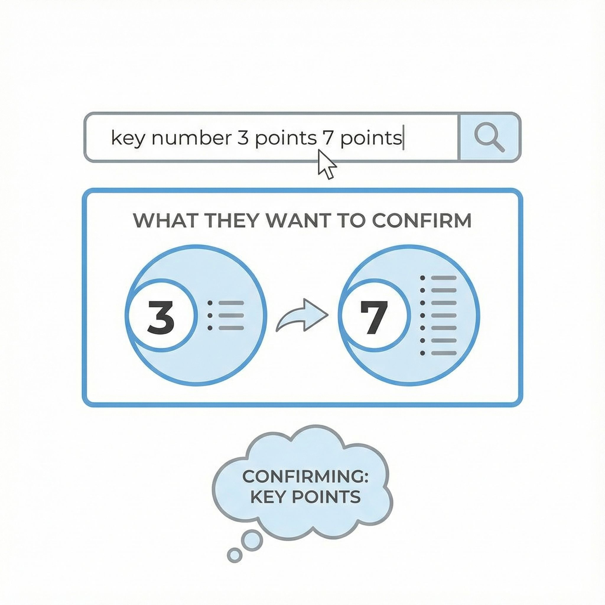 검색창에 key number 3 points 7 points를 입력하고 핵심 숫자 3에서 7로 이동하는 도식을 통해 확인하려는 주요 포인트를 시각적으로 정리한 설명 이미지다