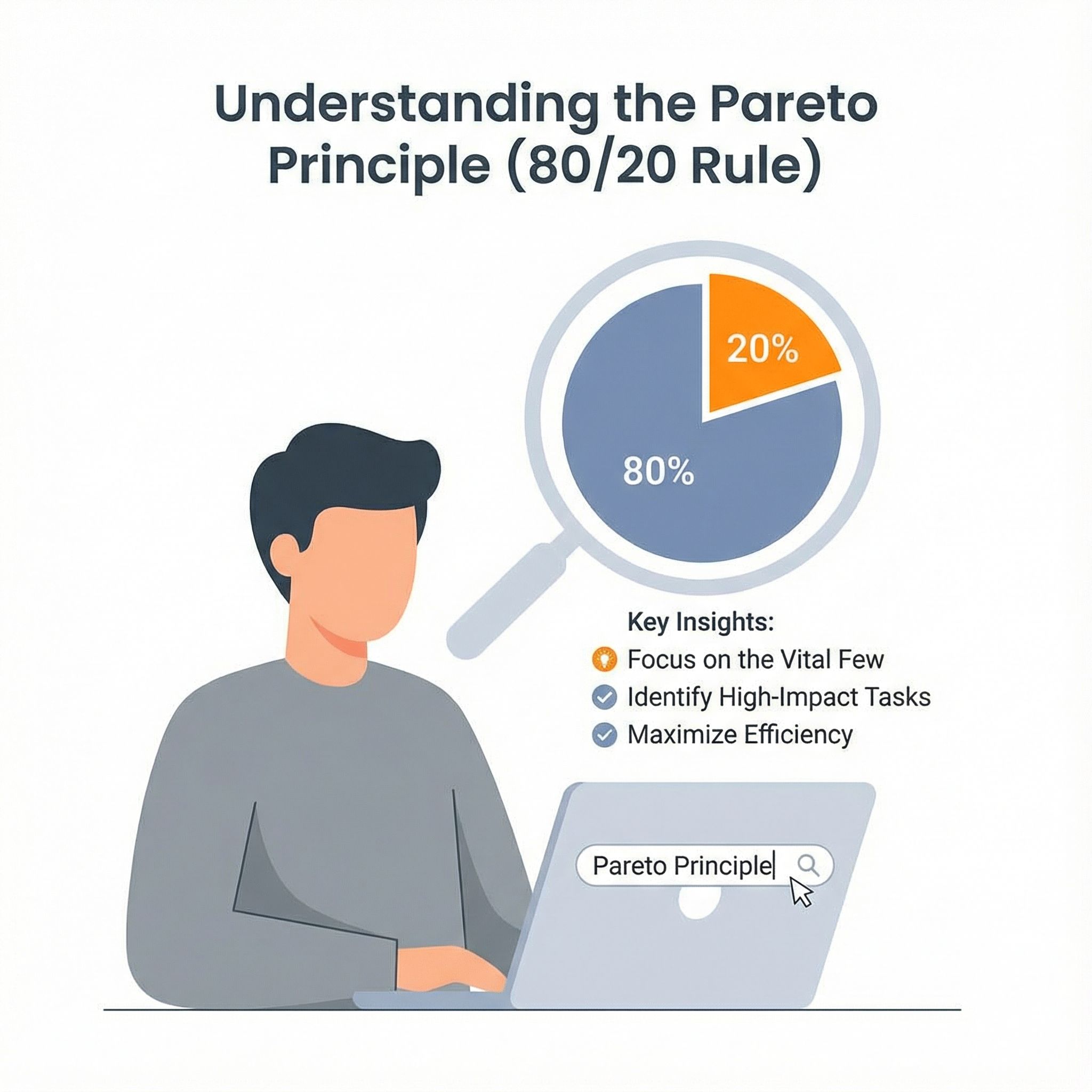 노트북에 파레토 원칙 검색, 돋보기 아래 80대20 파이차트 강조된 평면 인포그래픽 모습이다