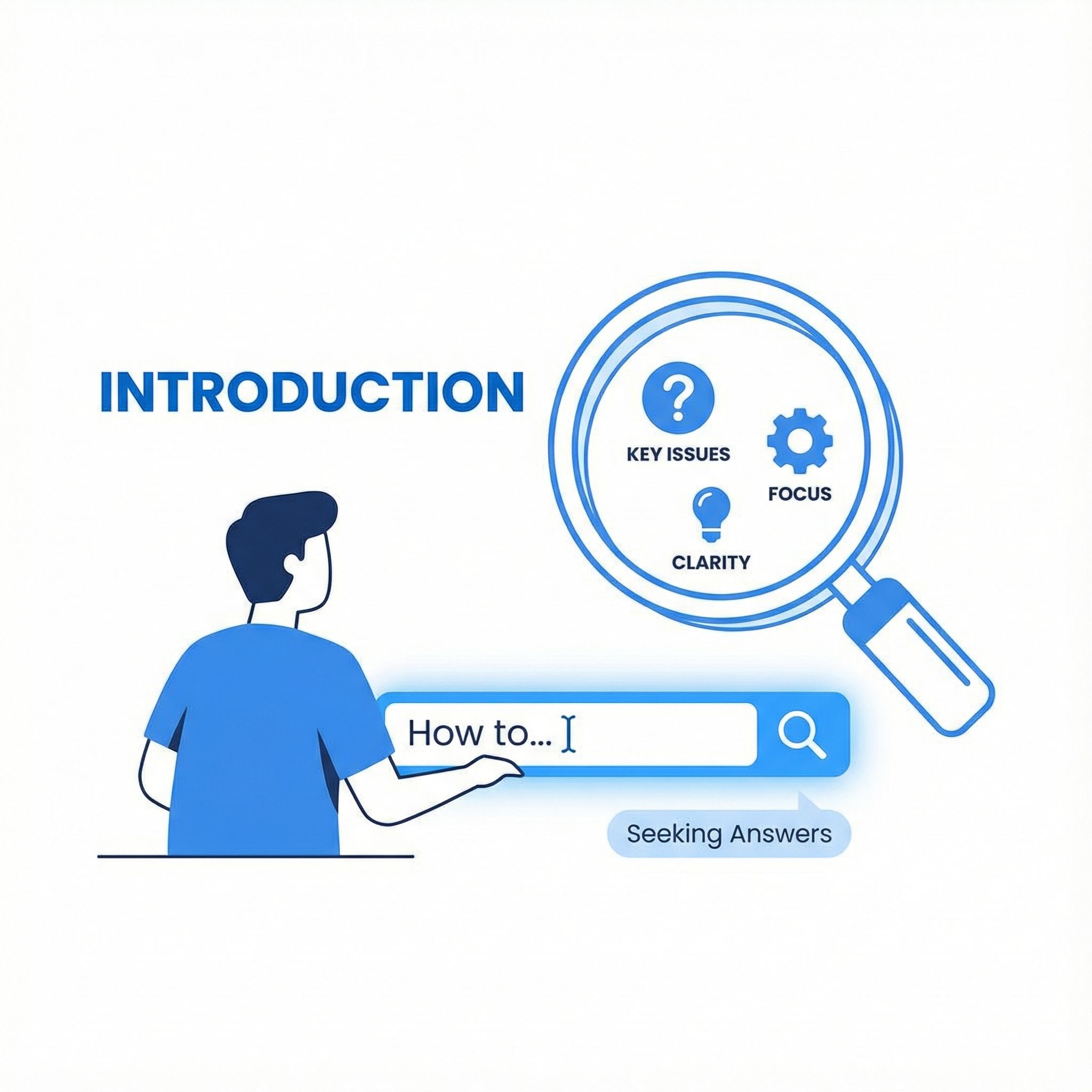 흰 배경에 파란 포인트, 사람이 빛나는 검색창에 입력하고 돋보기로 핵심을 강조한 인트로 인포그래픽 모습이다