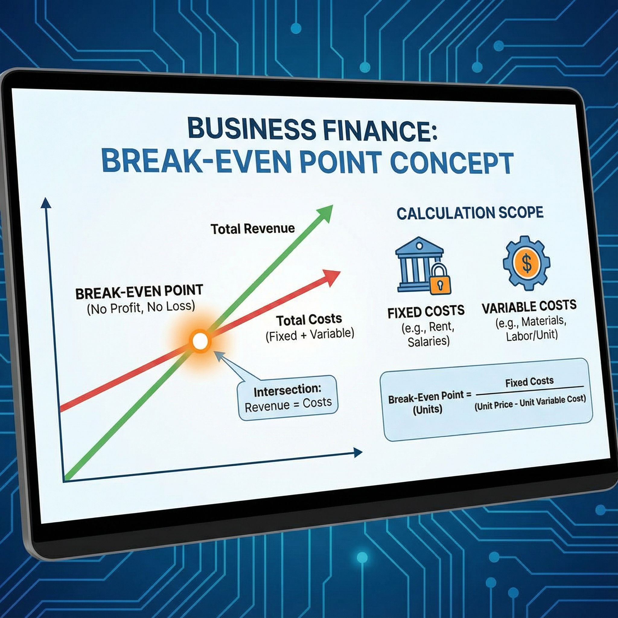 흰 배경 인포그래픽에 매출·비용 선그래프가 교차점만 강조되고 고정·변동비 아이콘이 배치된 모습이다