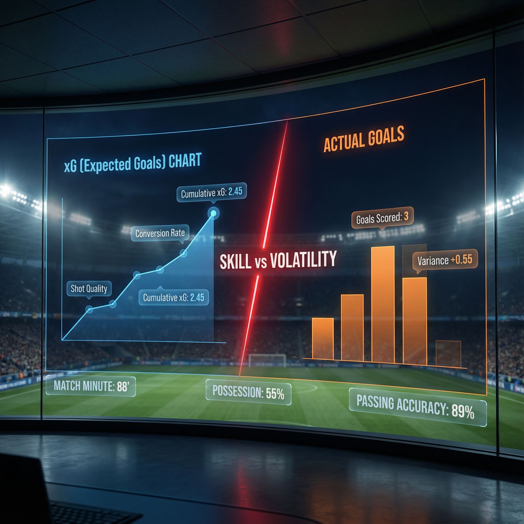 왼쪽 xG그래프와 오른쪽 실제골, 중앙 기술 대 변동성 경계선과 통계가 떠있는 조명 강한 경기장 모습이다