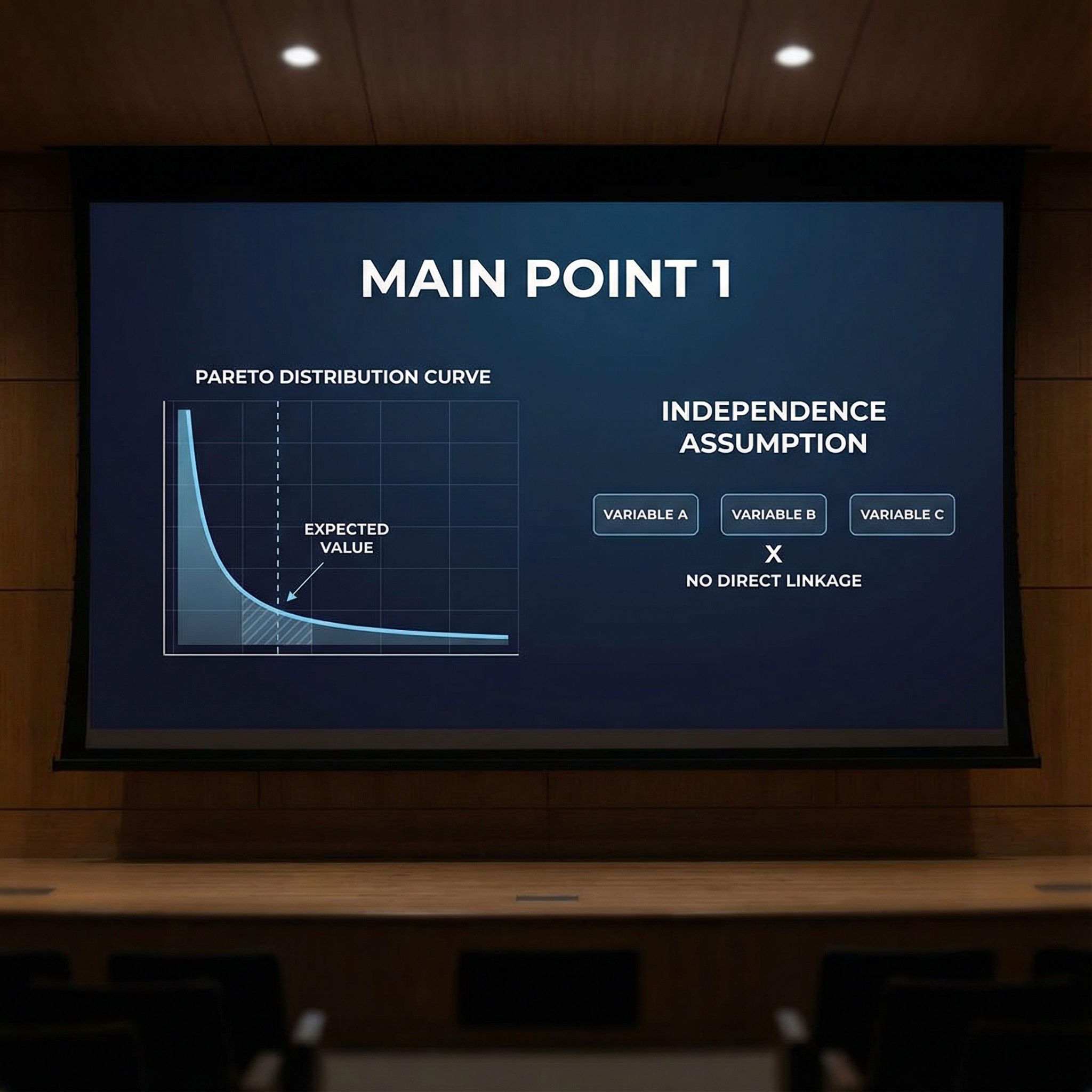 강의실 대형 스크린에 파레토 분포 곡선과 기대값 음영이 표시되고 변수 A·B·C의 독립 가정을 도식으로 설명하는 메인 포인트 슬라이드이다