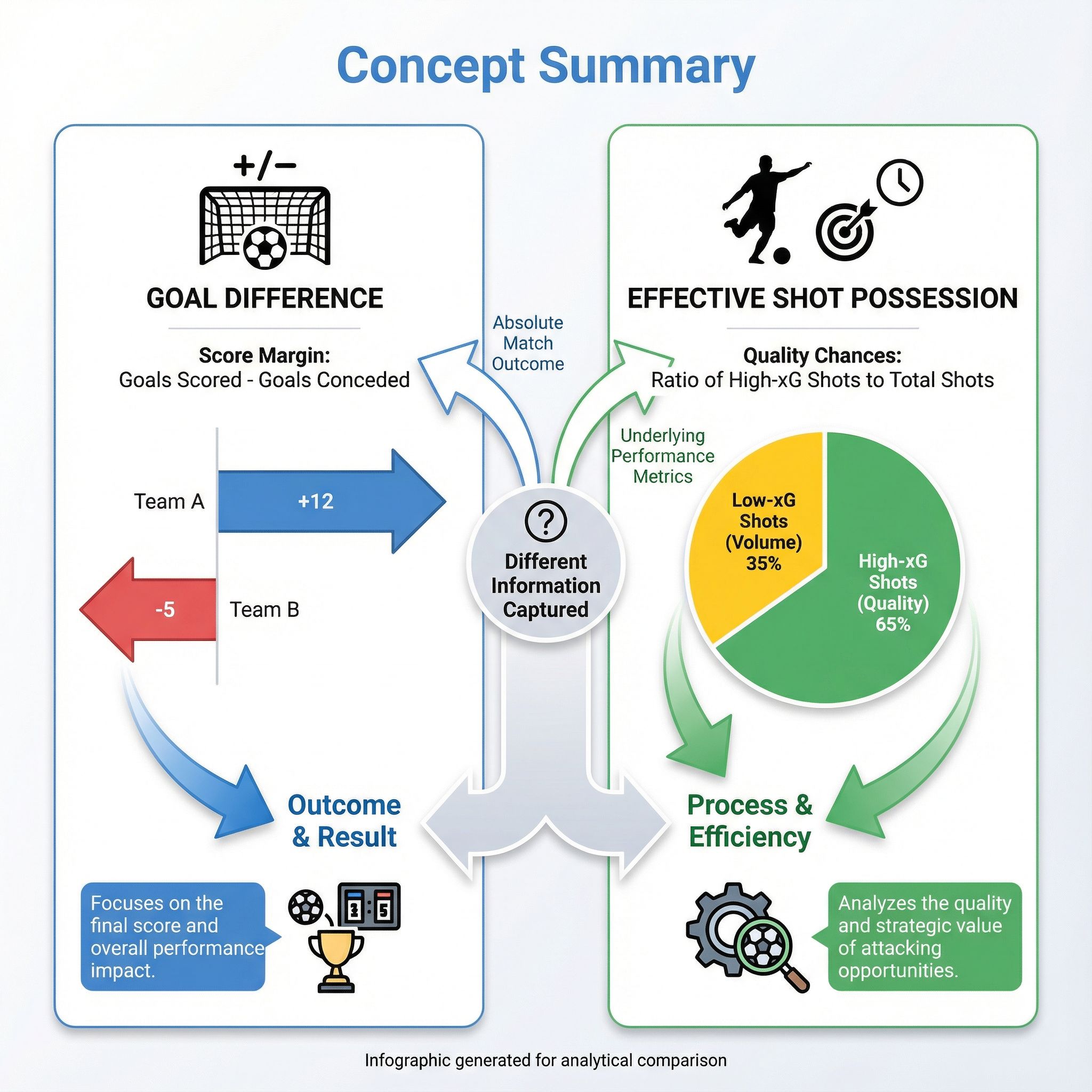 득실차 중심의 결과 지표와 기대 득점 기반 슈팅 점유율을 대비해 경기 결과와 과정 효율이 서로 다른 정보를 제공함을 설명하는 개념 요약 인포그래픽이다