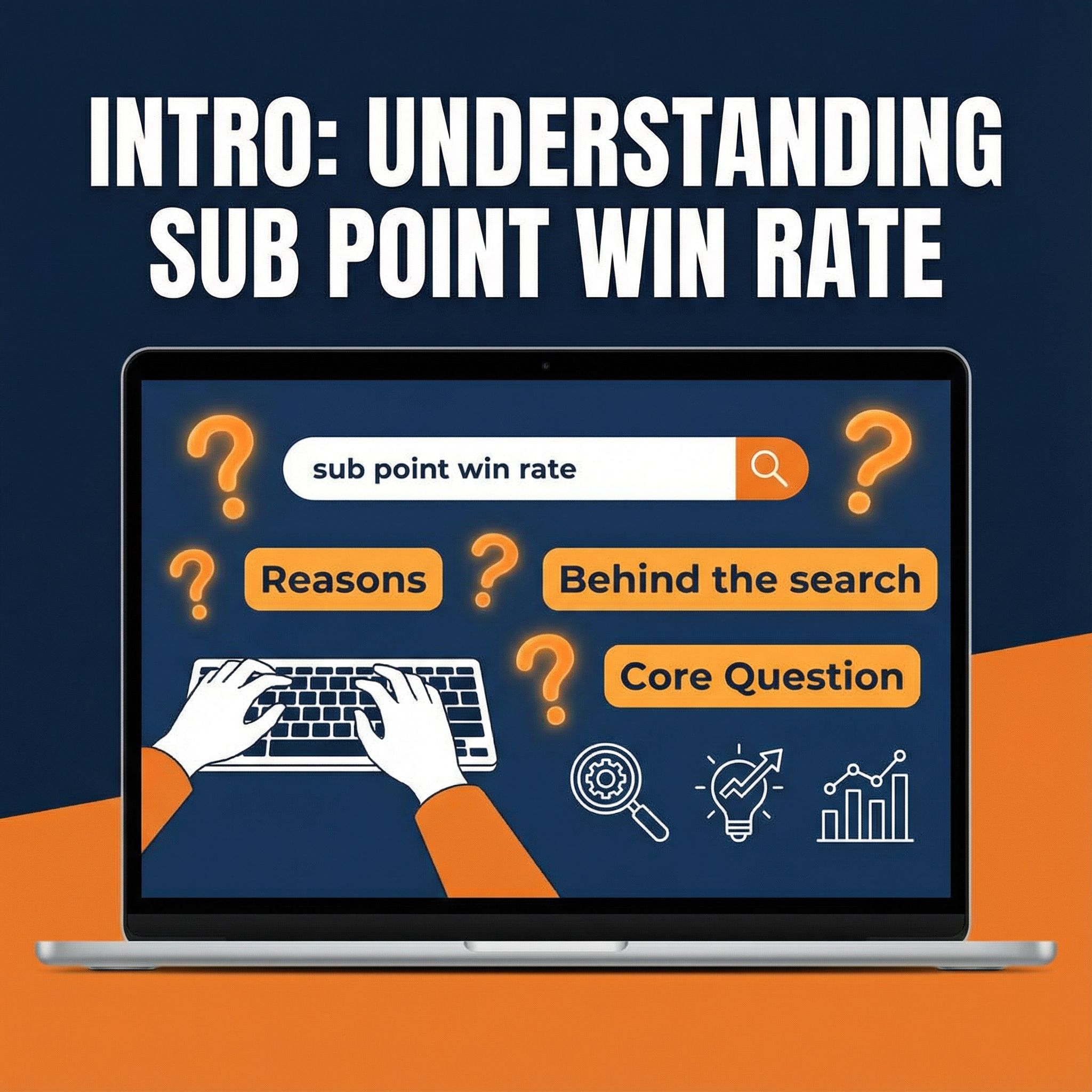 서브 포인트 승률 이해를 주제로 노트북 화면에서 검색창과 물음표 아이콘, 이유와 핵심 질문 요소를 배치해 분석 흐름과 탐색 과정을 시각적으로 설명한 인트로 이미지다