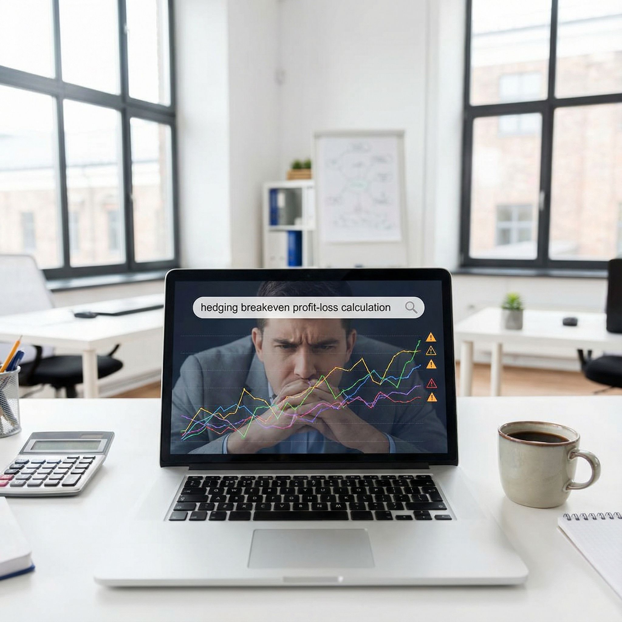 흰 모던 사무실 책상, 노트북에 금융차트·위험아이콘, 옆 계산기와 커피, 검색하며 집중한 모습이다