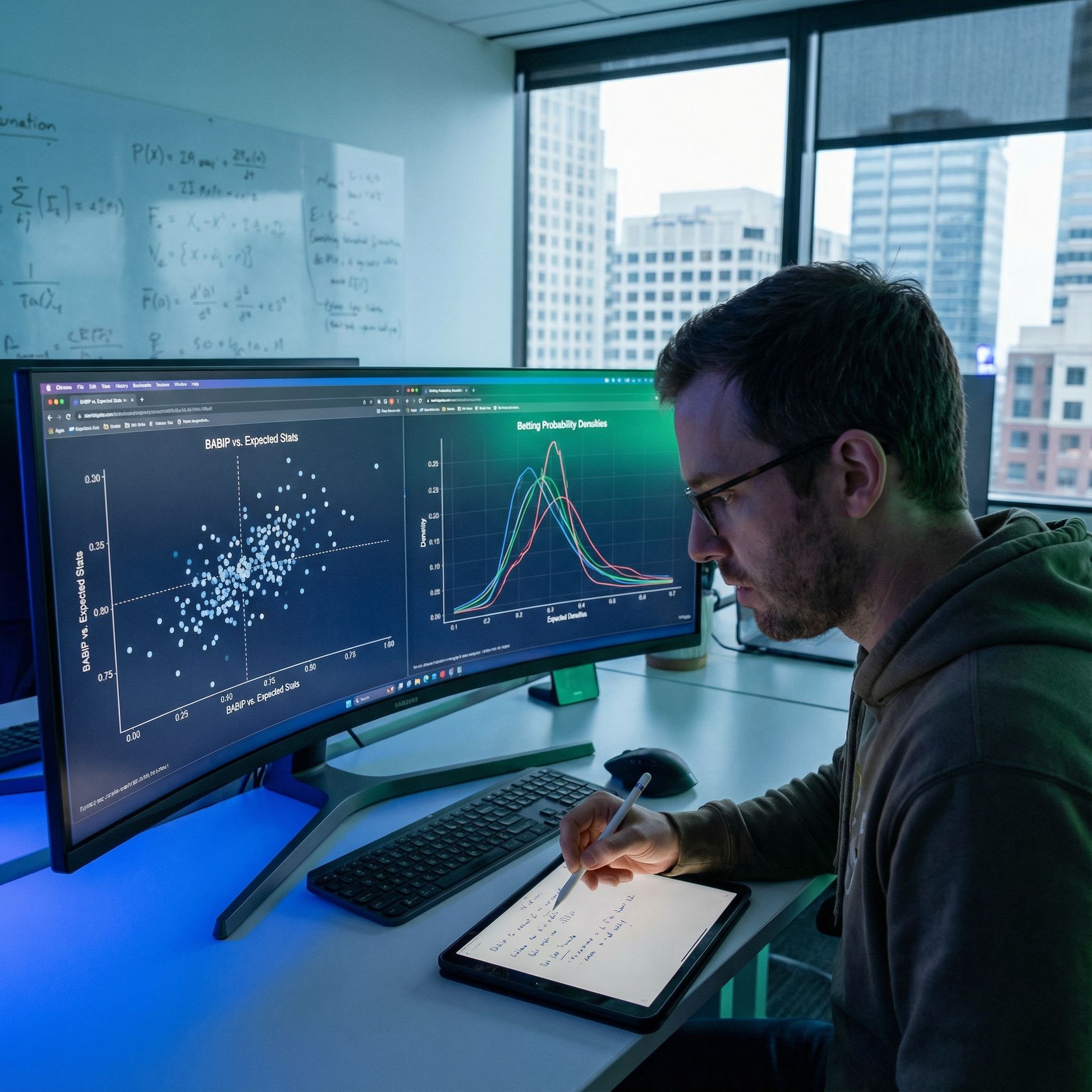 모던 사무실, 파란 차트와 확률 그래프 앞에서 야구 통계 보는 베터 모습이다