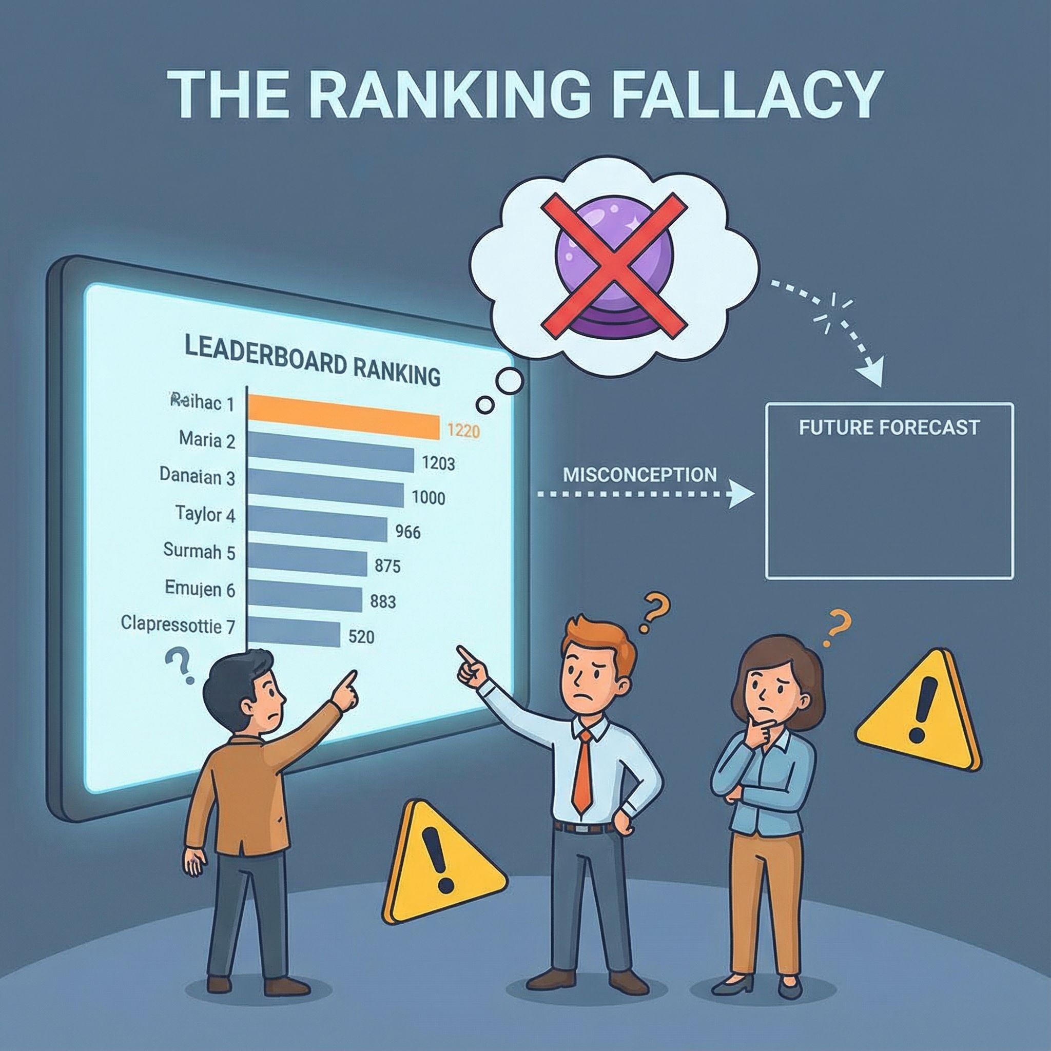 순위표 차트와 경고 아이콘, X표 수정구슬 옆 혼란한 분석가를 그린 모습이다