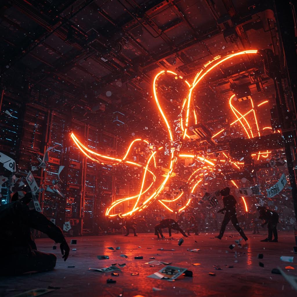 어두운 공간 속 붉은 빛의 거대한 형상이 퍼져 나가며 사람들이 흔들리는 서류와 사물들 사이로 도망치는 모습이 혼란과 위협의 분위기를 극적으로 드러내는 장면이다