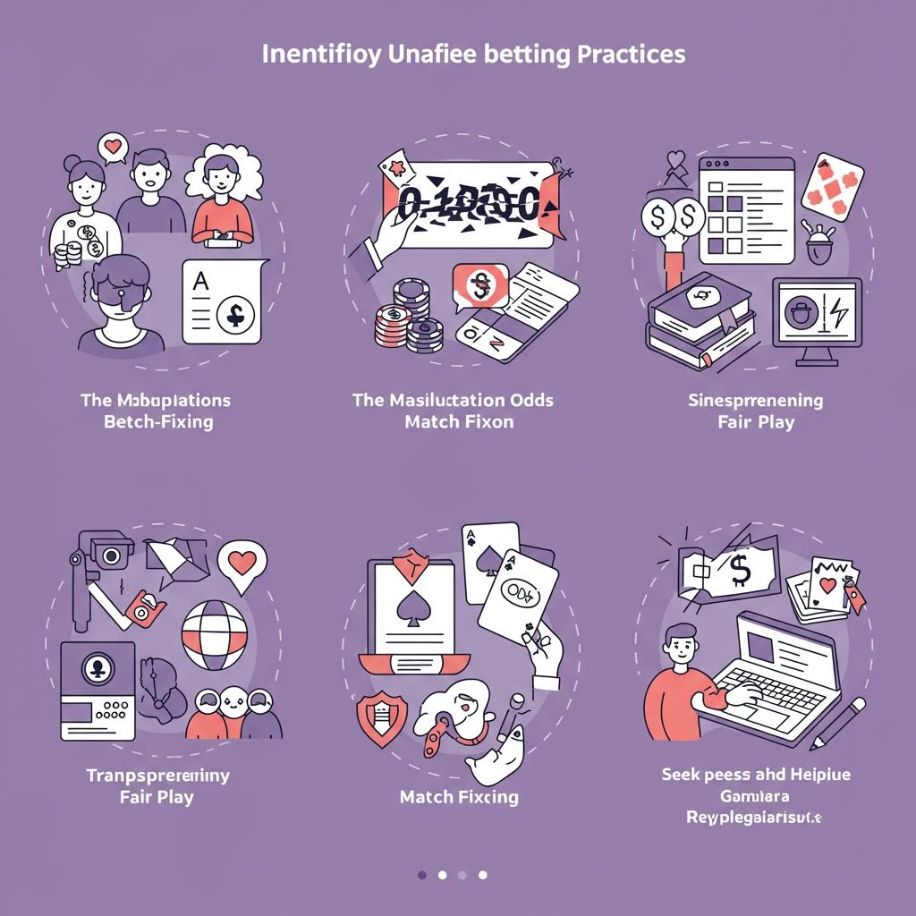 다양한 아이콘과 사람들의 일러스트가 여섯 구획에 나뉘어 배치되며 부정 행위와 공정성 개념을 대비적으로 설명하는 구조가 시각적으로 표현된 장면이다