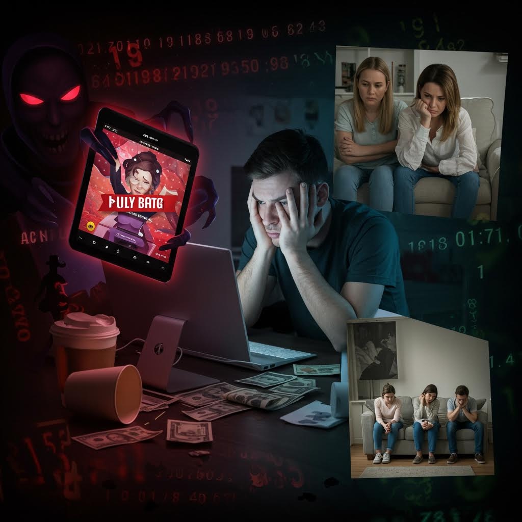 컴퓨터 앞에서 고민하는 남성과 주변에 배치된 가족 이미지, 불길한 그림자와 화면 속 요소들이 겹쳐지며 온라인 위험으로 인한 심리적 압박을 강조하는 장면이다