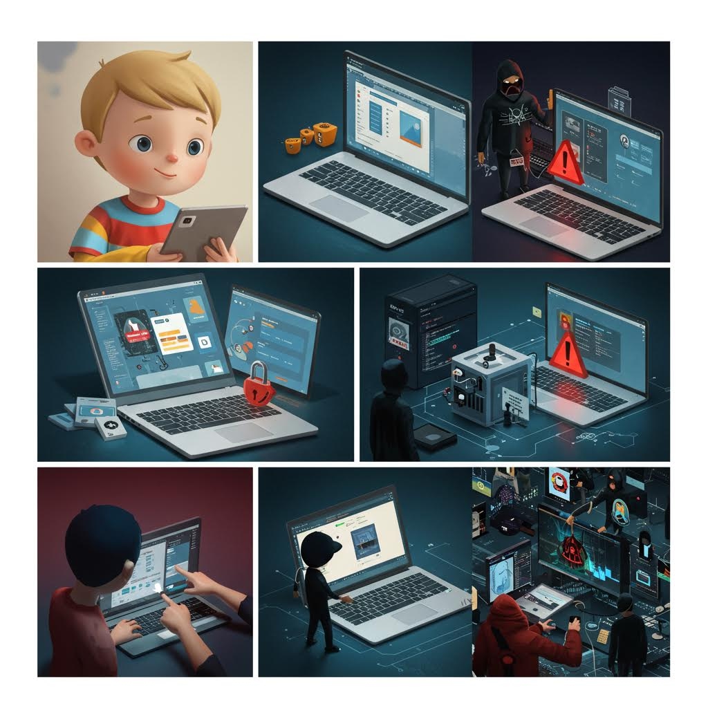 어린아이가 사용하는 디지털 기기와 뒤이어 등장하는 여러 보안 경고 화면이 대비되며 온라인 환경에서 발생할 수 있는 위험과 침해 요소가 단계적으로 표현된 구성이다