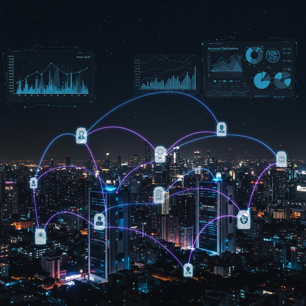야경의 도심 위로 여러 사용자 아이콘이 선으로 연결되고 상단에 분석 그래프가 떠 있어 계정 흐름과 관계 구조를 입체적으로 보여주는 구도이다