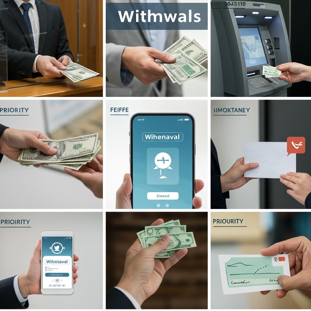 현금 인출과 송금 과정을 다양한 손동작과 기기 화면으로 표현하여 여러 형태의 자금 이동 방식이 시각적으로 정리된 구성이다